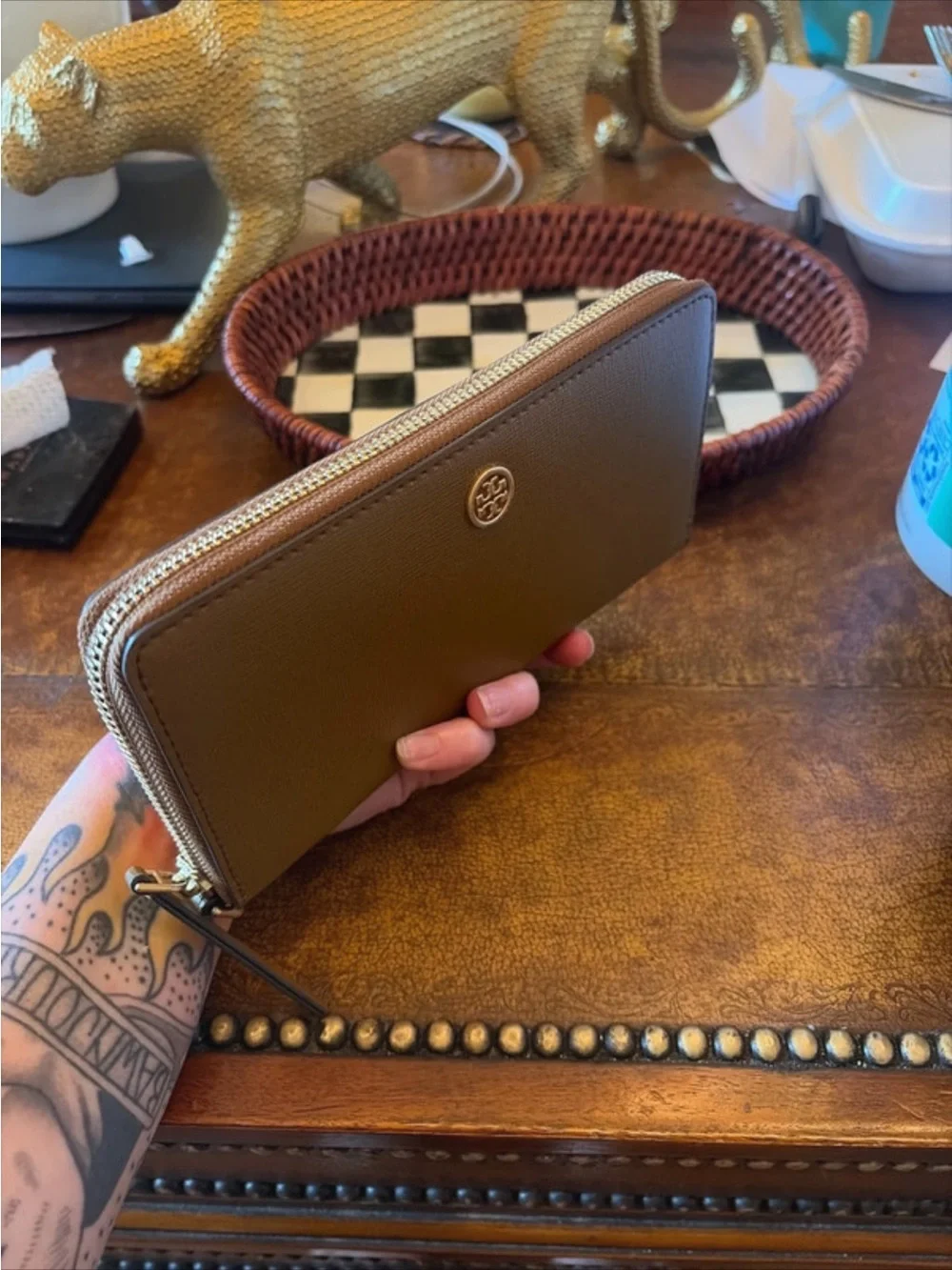 Tory Burch Brown Zip-Around Saffiano Wallet with Gold Logo